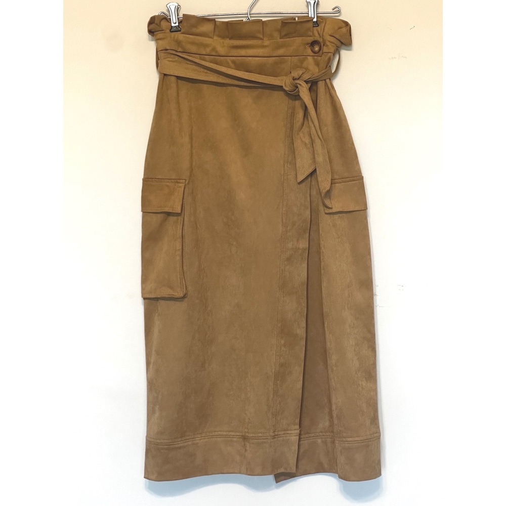 Zara Faux Suede Paperbag Waist Midi Skirt Camel Tan Cargo Pocket XS